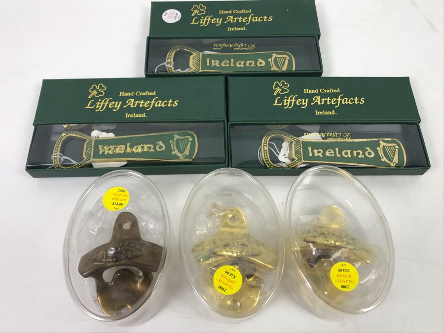 (3) New Brass Irish 'Slainte' -- 'Health' Wall Bottle Openers With Mounting Hardware And (3) Hand Crafted Liffey Artefacts Ireland Bottle Openers Retails $117