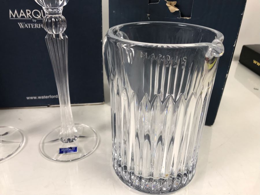 Marquis By Waterford Lot With Pair Of Sheridan Salt & Pepper Shakers, Sheridan 10' Candlestick Pair And Bezel Pitcher Retails $296 [Photo 8]