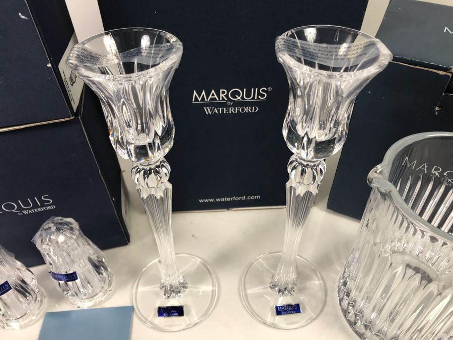Marquis By Waterford Lot With Pair Of Sheridan Salt & Pepper Shakers, Sheridan 10' Candlestick Pair And Bezel Pitcher Retails $296 [Photo 5]