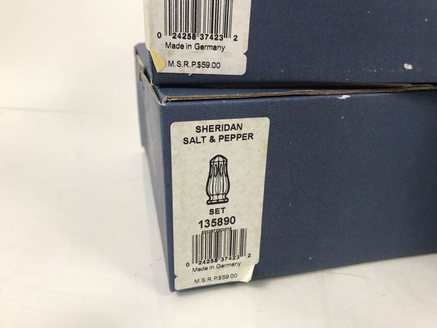 Marquis By Waterford Lot With Pair Of Sheridan Salt & Pepper Shakers, Sheridan 10' Candlestick Pair And Bezel Pitcher Retails $296 [Photo 12]