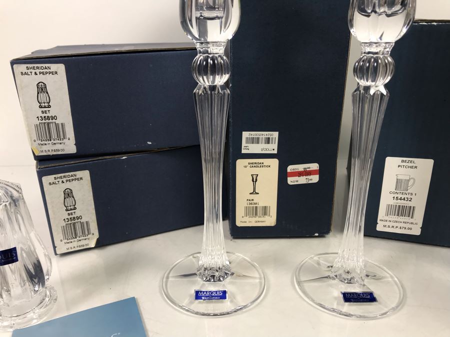 Marquis By Waterford Lot With Pair Of Sheridan Salt & Pepper Shakers, Sheridan 10' Candlestick Pair And Bezel Pitcher Retails $296 [Photo 9]