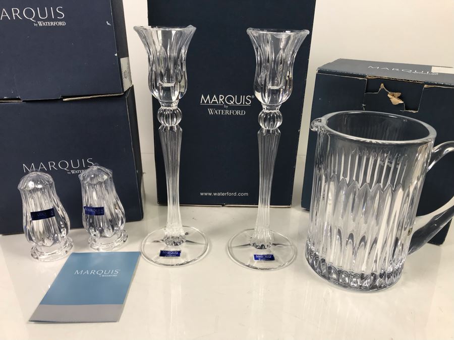Marquis By Waterford Lot With Pair Of Sheridan Salt & Pepper Shakers, Sheridan 10' Candlestick Pair And Bezel Pitcher Retails $296 [Photo 3]