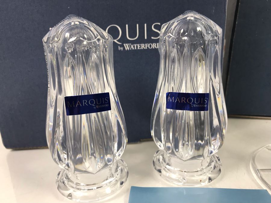 Marquis By Waterford Lot With Pair Of Sheridan Salt & Pepper Shakers, Sheridan 10' Candlestick Pair And Bezel Pitcher Retails $296 [Photo 4]