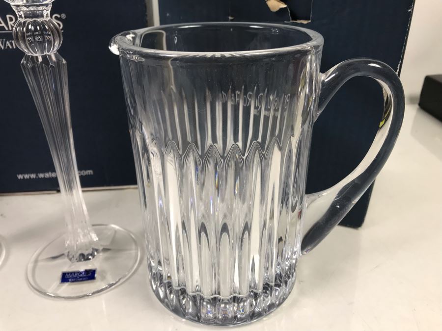 Marquis By Waterford Lot With Pair Of Sheridan Salt & Pepper Shakers, Sheridan 10' Candlestick Pair And Bezel Pitcher Retails $296 [Photo 7]