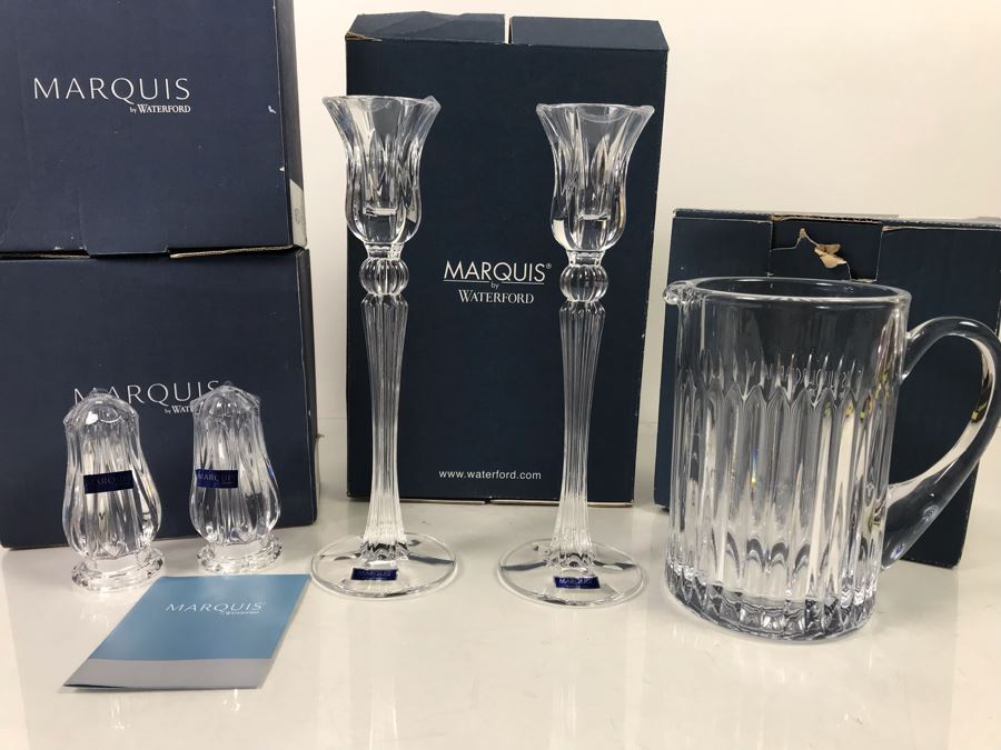 Marquis By Waterford Lot With Pair Of Sheridan Salt & Pepper Shakers, Sheridan 10' Candlestick Pair And Bezel Pitcher Retails $296 [Photo 2]
