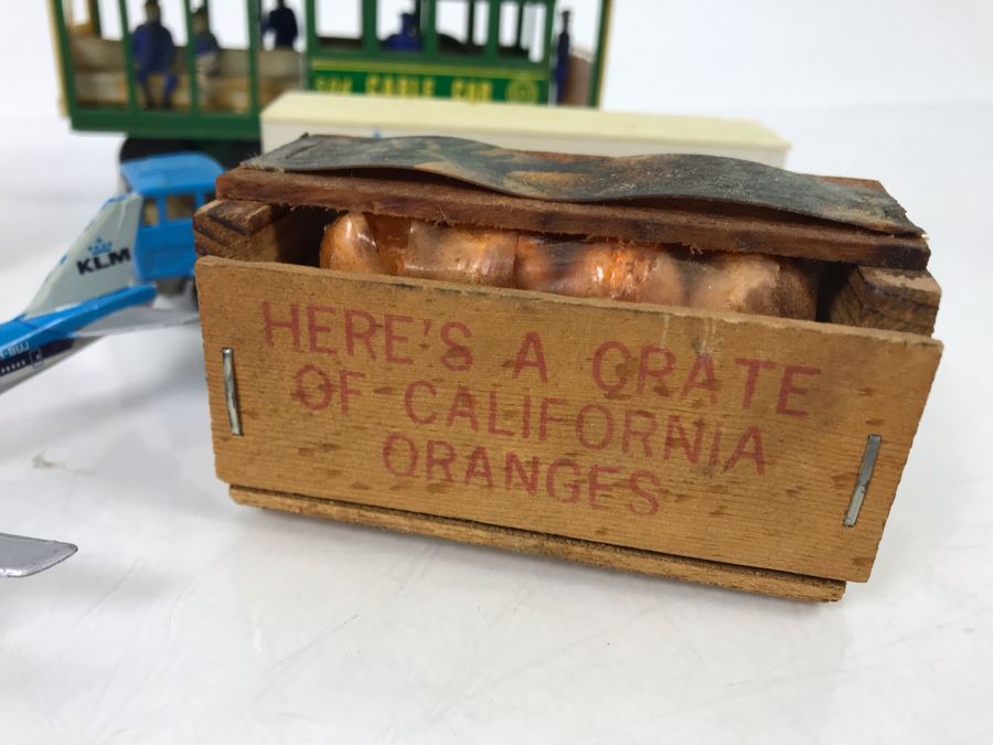 San Francisco Cable Car, California Redwood Logger Wooden Truck, KLM Boeing 747, KLM Truck, England Budgie Toy Double-Decker Bus, Oranges [Photo 3]