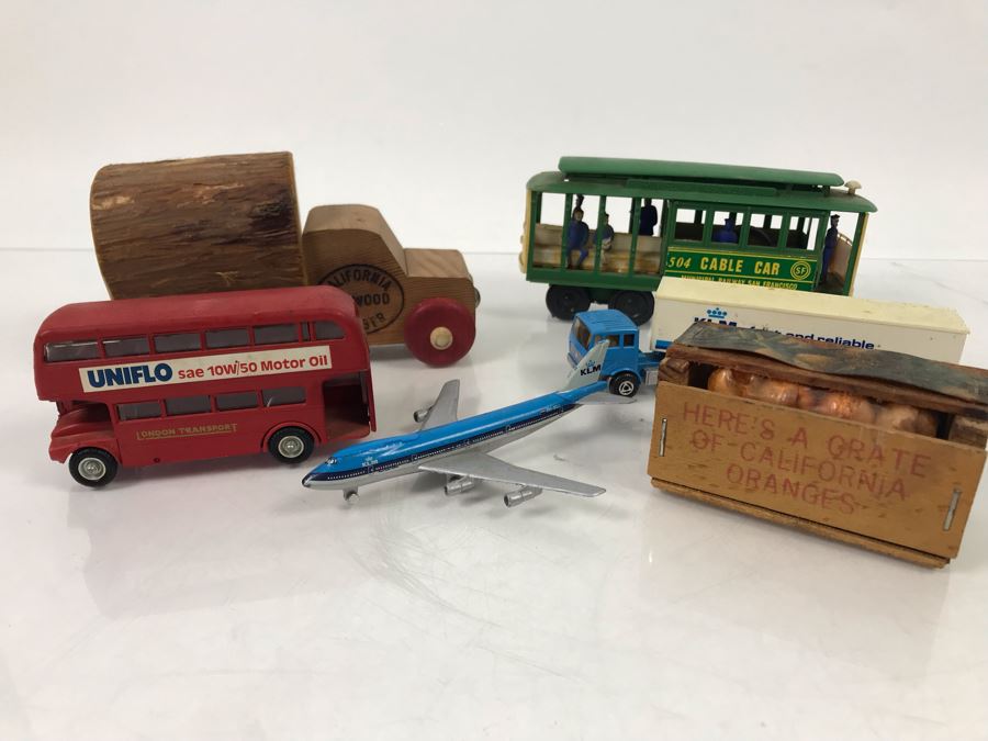 San Francisco Cable Car, California Redwood Logger Wooden Truck, KLM Boeing 747, KLM Truck, England Budgie Toy Double-Decker Bus, Oranges [Photo 2]
