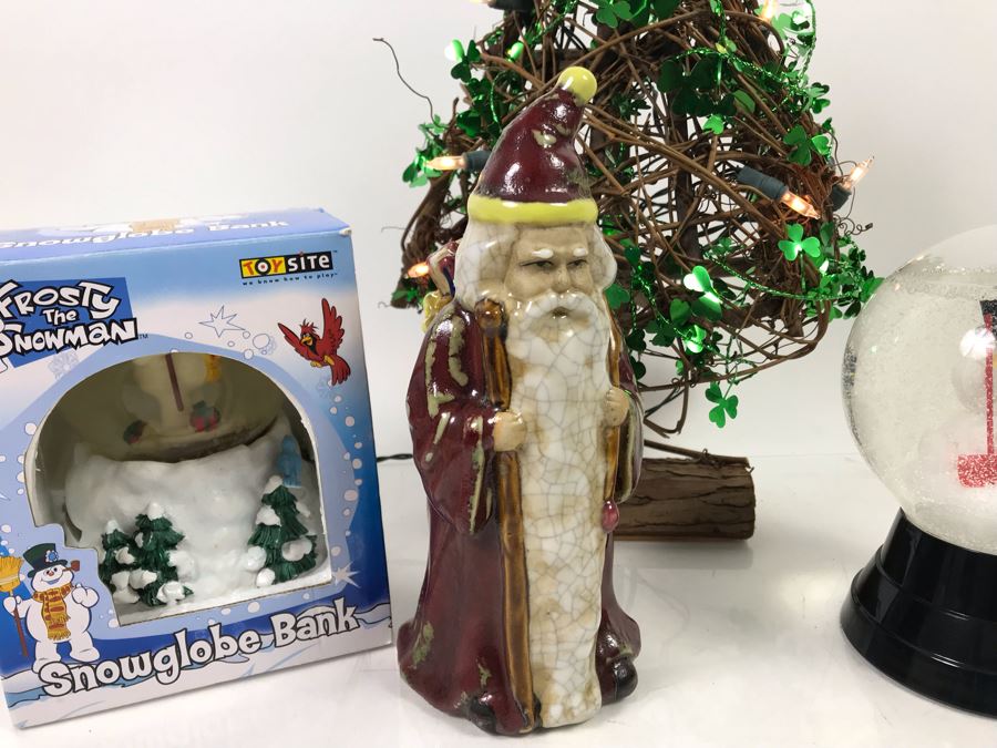 Christmas Lot With Shamrock Lighted Branch Christmas Tree, Santa Claus Figurine And Pair Of Snowman Snow Globes [Photo 5]