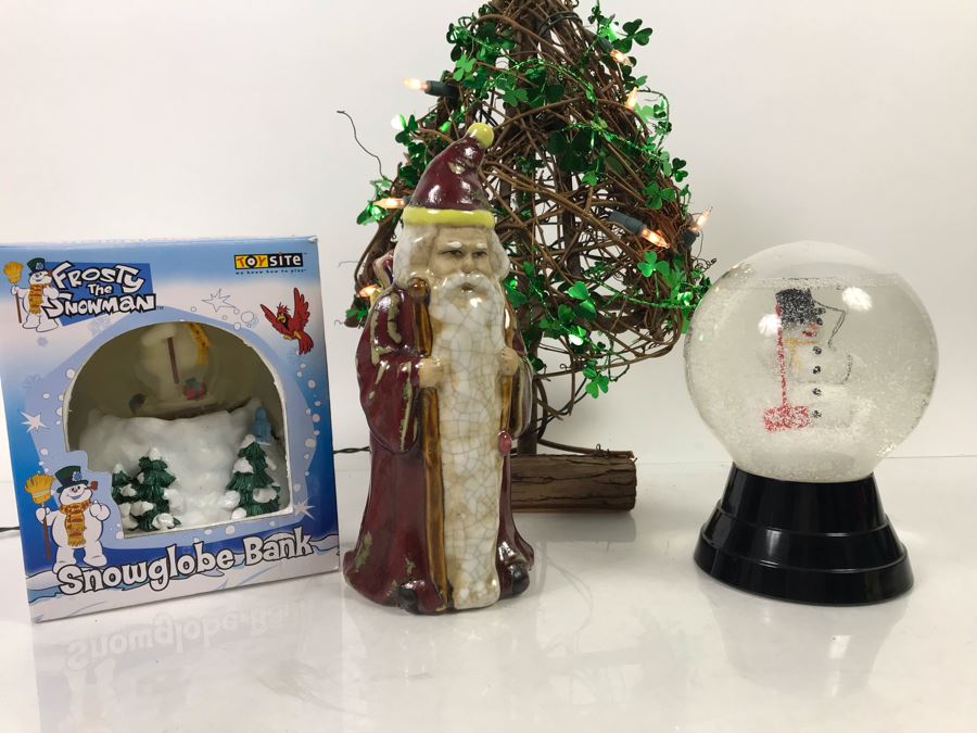 Christmas Lot With Shamrock Lighted Branch Christmas Tree, Santa Claus Figurine And Pair Of Snowman Snow Globes [Photo 2]