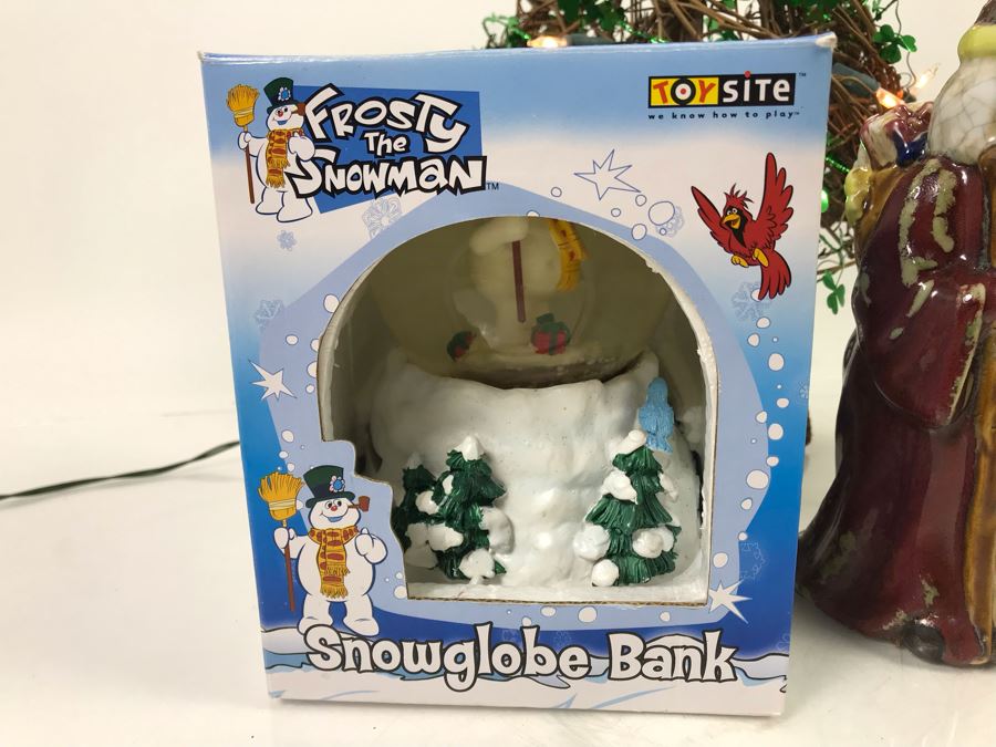 Christmas Lot With Shamrock Lighted Branch Christmas Tree, Santa Claus Figurine And Pair Of Snowman Snow Globes [Photo 6]