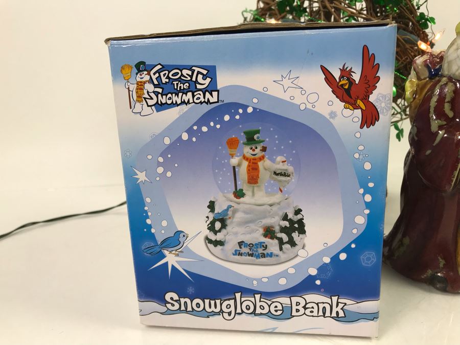 Christmas Lot With Shamrock Lighted Branch Christmas Tree, Santa Claus Figurine And Pair Of Snowman Snow Globes [Photo 8]