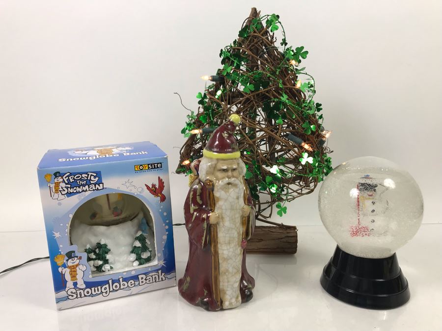 Christmas Lot With Shamrock Lighted Branch Christmas Tree, Santa Claus Figurine And Pair Of Snowman Snow Globes