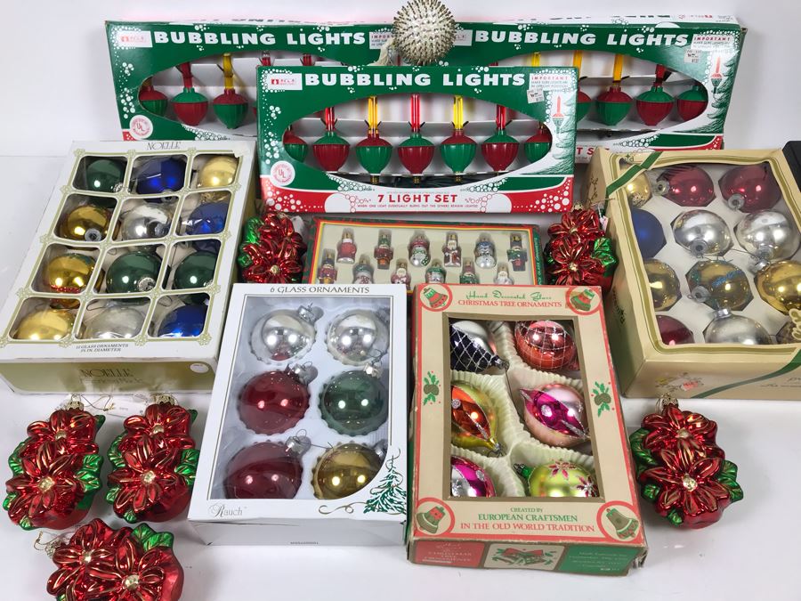 Christmas Ornament Lot With Vintage And Contemporary Glass Ornaments And (3) Sets Of New Bubbling Lights [Photo 1]