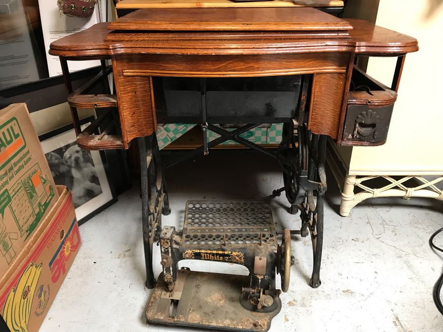 Antique White Treadle Sewing Machine With Working Cast Iron Base - Cabinet Missing Drawers And White Sewing Machine Needs Work [Photo 1]