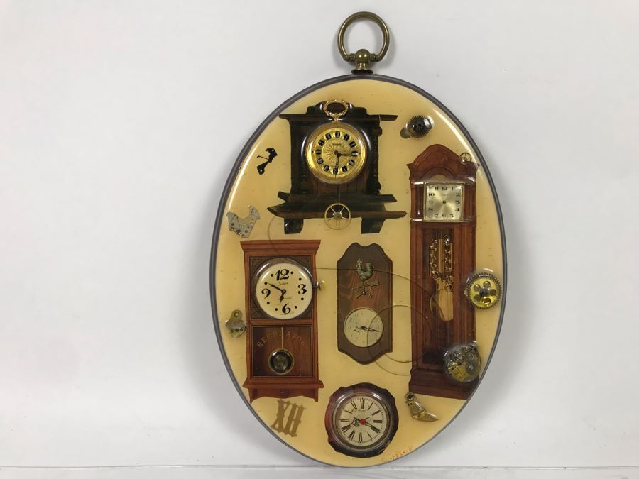 Signed Vintage Clock Parts Artwork 10'H