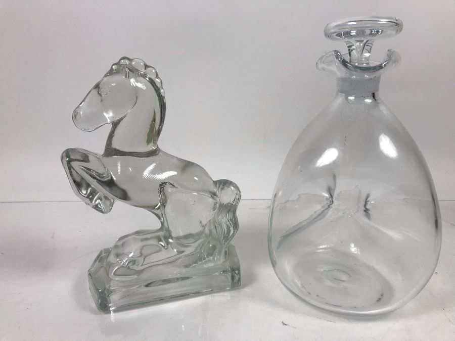 Glass Horse Bookend And Hand Blown Glass Decanter