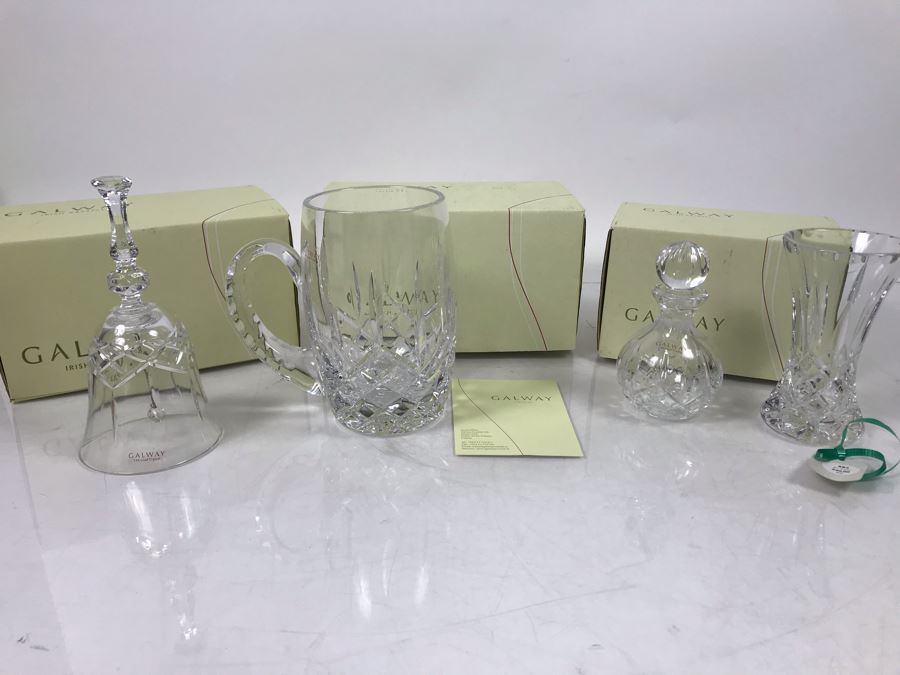 Galway Irish Crystal Items: Longford Perfume Bottle, 5' Vase, Tankard And 6' Bell Retails $230 [Photo 1]