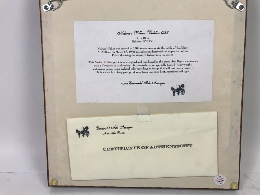 Limited Edition Hand Signed Print Of Nelson's Pillar, Dublin 1923 11 X 16 With Certificate Of Authenticity Retails $189 [Photo 8]