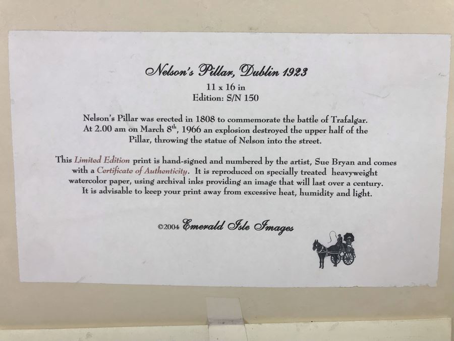 Limited Edition Hand Signed Print Of Nelson's Pillar, Dublin 1923 11 X 16 With Certificate Of Authenticity Retails $189 [Photo 9]