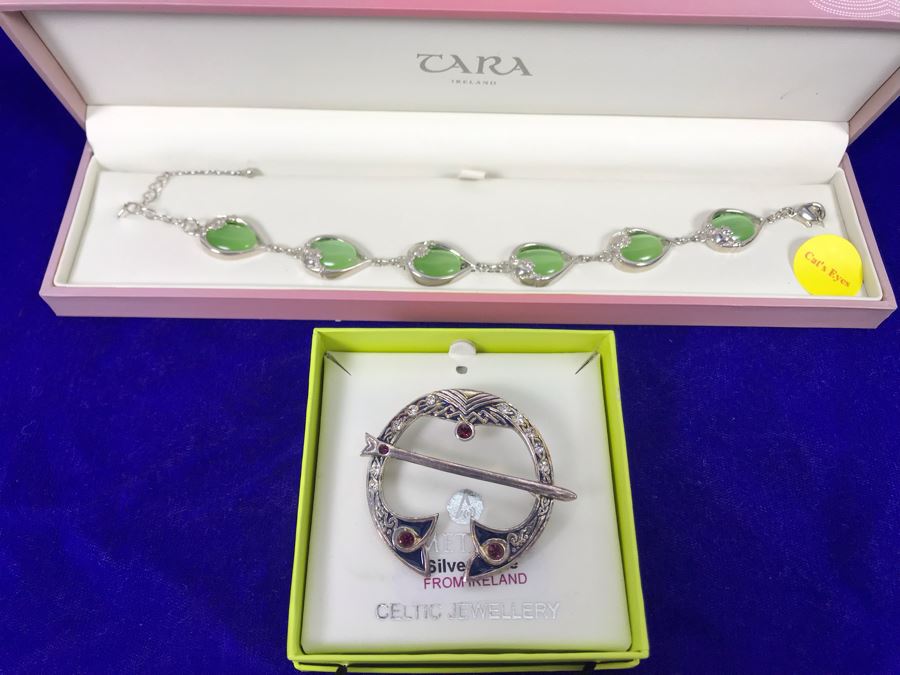 Tara Ireland Cat's Eye Bracelet And Amethyst Silver Plated Celtic Jewelry Brooch Pin Retails $108
