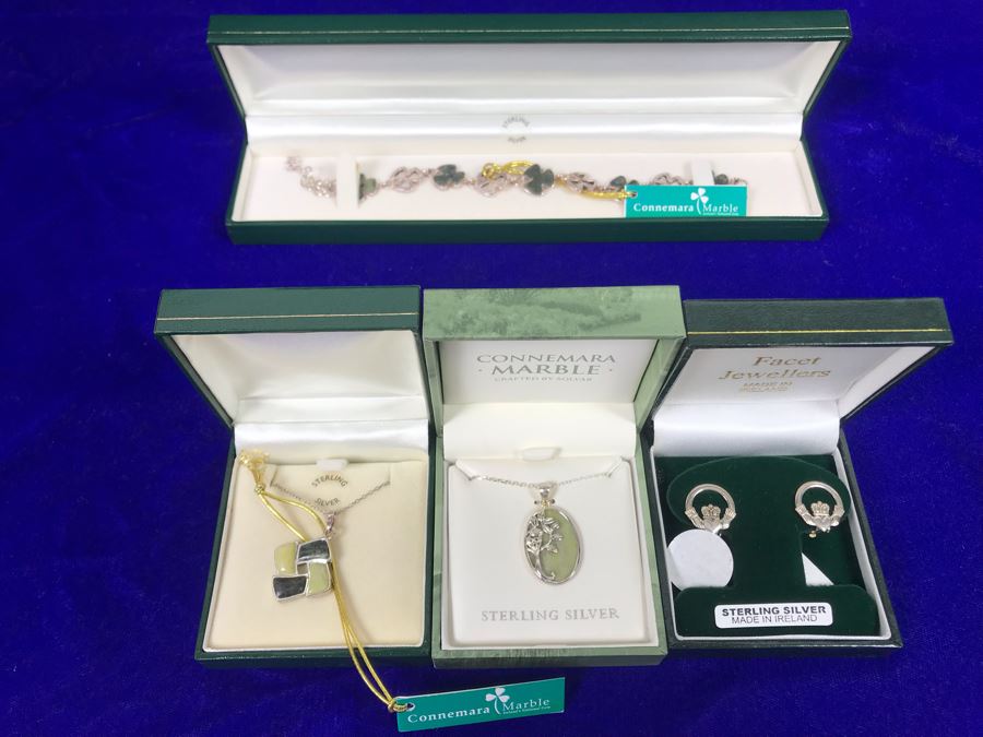 Sterling Silver Connemara Marble Jewelry: Pendant Necklaces, Bracelet And Clip On Earrings Retails $390
