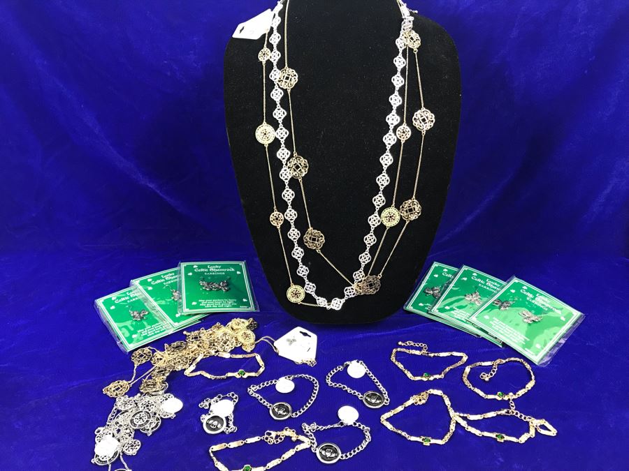 Various Irish Themed Costume Jewelry Including Necklaces, Bracelets And Earrings