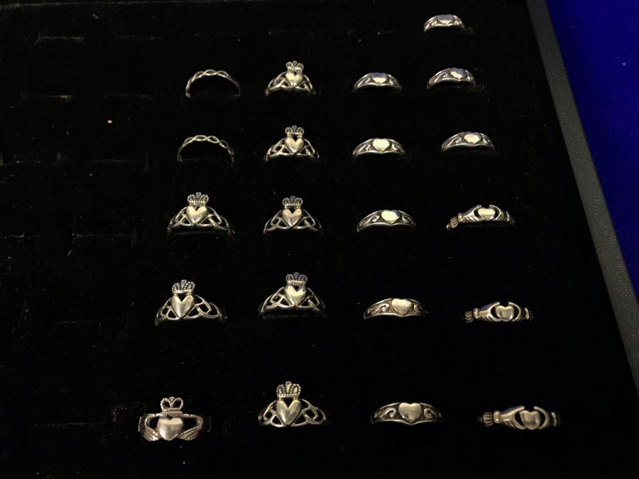 (21) Sterling Silver Rings Various Sizes With Ring Display Tray