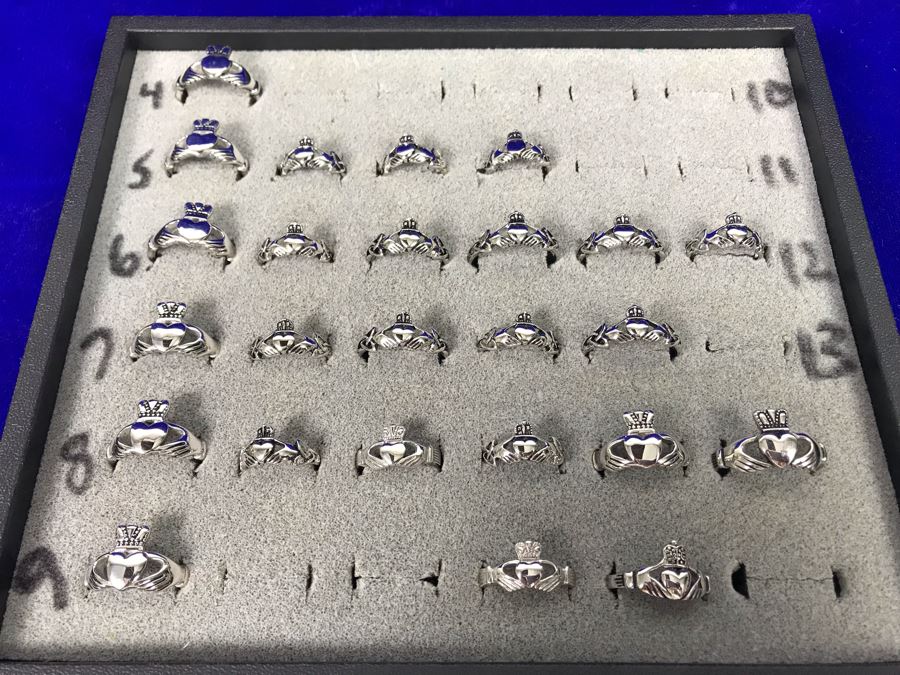 Collection Of Various Irish Solvar And Stainless Steel Rings Various Sizes With Ring Display Tray [Photo 2]