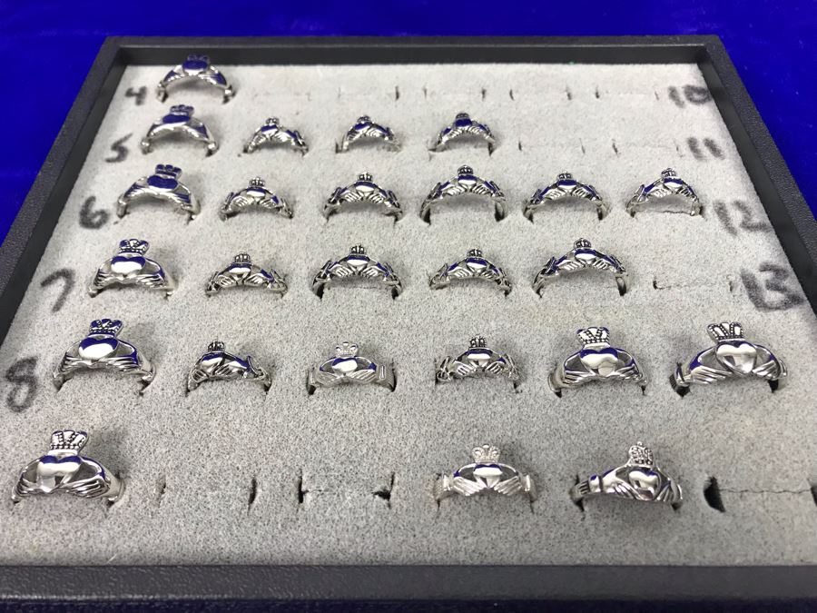 Collection Of Various Irish Solvar And Stainless Steel Rings Various Sizes With Ring Display Tray [Photo 3]