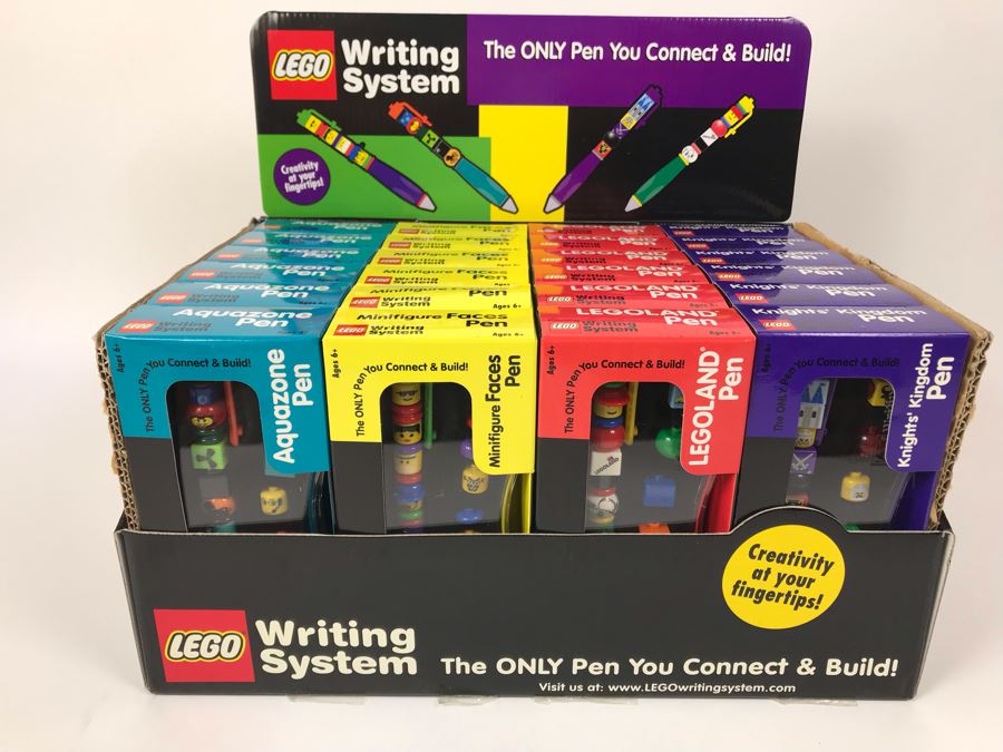 New 2001 LEGO Writing System Writing System Pens: Legoland Pen, Aquazone Pen, Faces Pen, Knights' Kingdom Pen Merchandiser Store Display By The CDM Company - 24 Pens