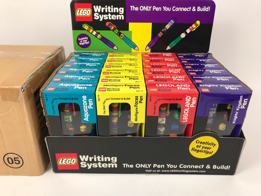 New 2001 LEGO Writing System Writing System Pens: Legoland Pen, Aquazone Pen, Faces Pen, Knights' Kingdom Pen Merchandiser Store Display By The CDM Company - 24 Pens [Photo 1]