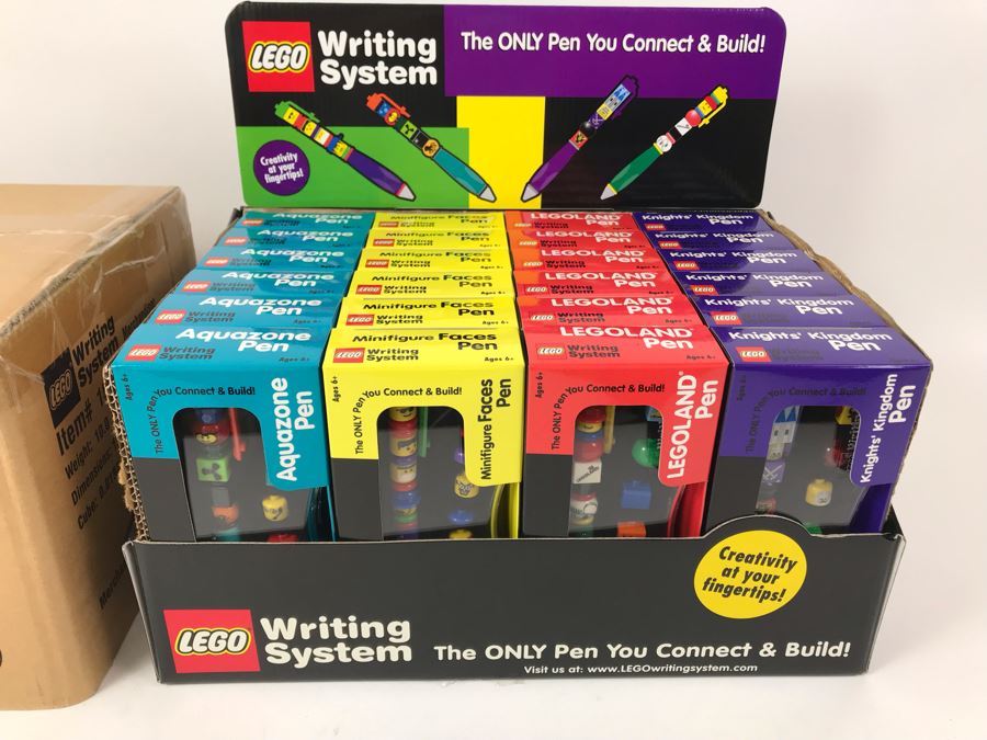 New 2001 LEGO Writing System Pens: Legoland Pen, Aquazone Pen, Faces Pen, Knights' Kingdom Pen Merchandiser Store Display By The CDM Company - 24 Pens [Photo 1]
