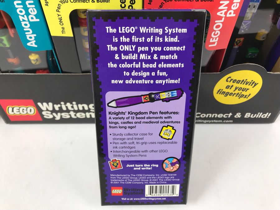 New 2001 LEGO Writing System Pens: Legoland Pen, Aquazone Pen, Faces Pen, Knights' Kingdom Pen Merchandiser Store Display By The CDM Company - 24 Pens [Photo 8]