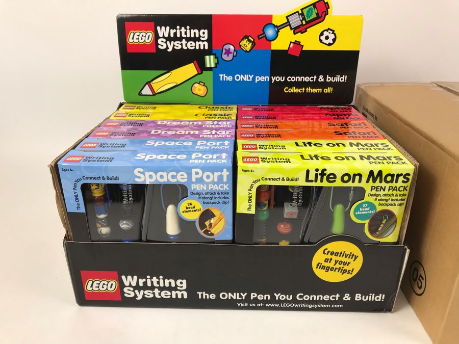 New 2001 LEGO Writing System Pen Packs: Life On Mars Pen Packs, Space Port Pen Packs, Dream Star Pen Packs, Safari Pen Packs, Alpha Pen Packs, Classic Pen Packs Merchandiser Store Display By The CDM Company - 12 Pen Packs [Photo 1]