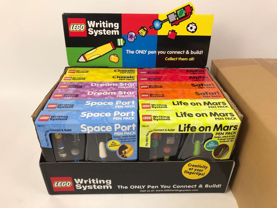 New 2001 LEGO Writing System Pen Packs: Life On Mars Pen Packs, Space Port Pen Packs, Dream Star Pen Packs, Safari Pen Packs, Alpha Pen Packs, Classic Pen Packs Merchandiser Store Display By The CDM Company - 12 Pen Packs [Photo 1]