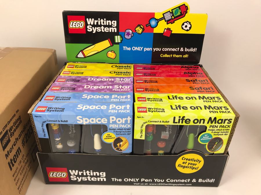 New 2001 LEGO Writing System Pen Packs: Life On Mars Pen Packs, Space Port Pen Packs, Dream Star Pen Packs, Safari Pen Packs, Alpha Pen Packs, Classic Pen Packs Merchandiser Store Display By The CDM Company - 12 Pen Packs [Photo 1]