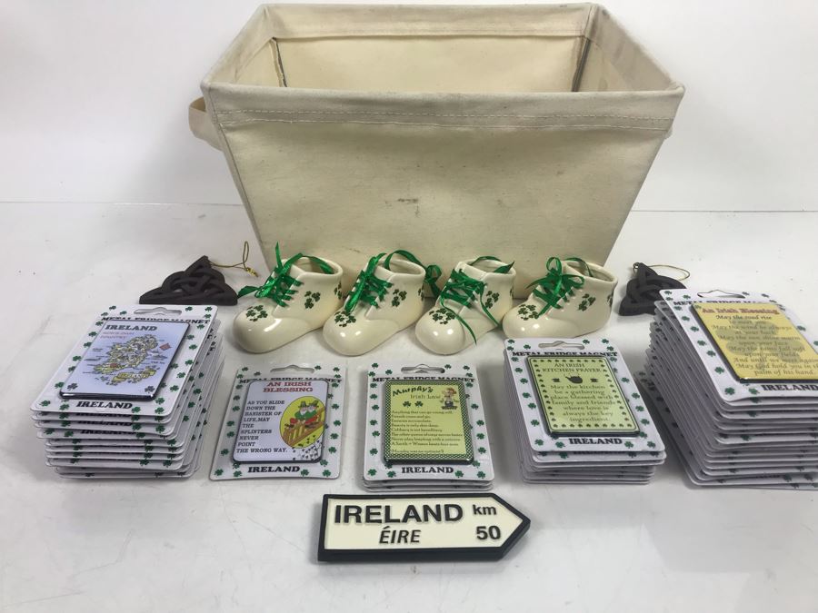 Just Added - Ireland Lot With (30) Irish Fridge Magnets, (4) Baby Boot Ornaments, (2) Trinity Ornaments And Canvas Basket Retails Over $300