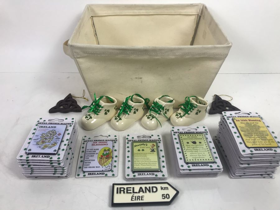 Just Added - Ireland Lot With (30) Irish Fridge Magnets, (4) Baby Boot Ornaments, (2) Trinity Ornaments And Canvas Basket Retails Over $300 [Photo 2]