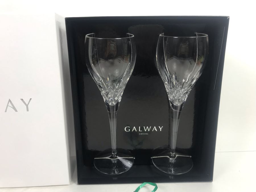 Just Added - Galway Crystal Longford Pair Of Goblets With Boxes - Retails $90