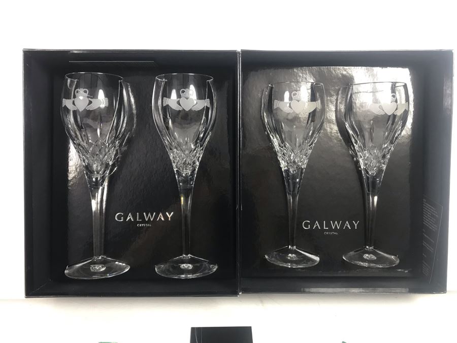 Just Added - Galway Crystal Claddagh Pair Of Wine Glasses And Pair Of Goblets - 4 Glasses With Boxes - Retails $180 [Photo 1]