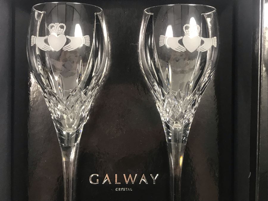 Just Added - Galway Crystal Claddagh Pair Of Wine Glasses And Pair Of Goblets - 4 Glasses With Boxes - Retails $180 [Photo 5]
