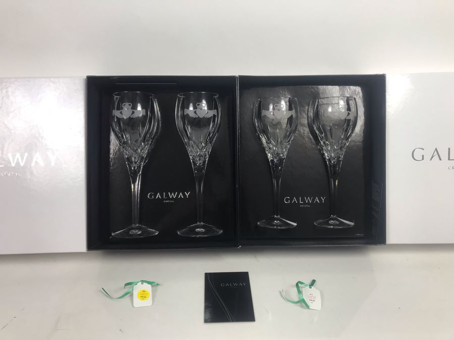 Just Added - Galway Crystal Claddagh Pair Of Wine Glasses And Pair Of Goblets - 4 Glasses With Boxes - Retails $180 [Photo 3]