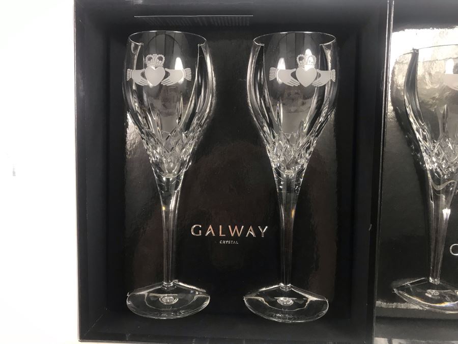 Just Added - Galway Crystal Claddagh Pair Of Wine Glasses And Pair Of Goblets - 4 Glasses With Boxes - Retails $180 [Photo 4]