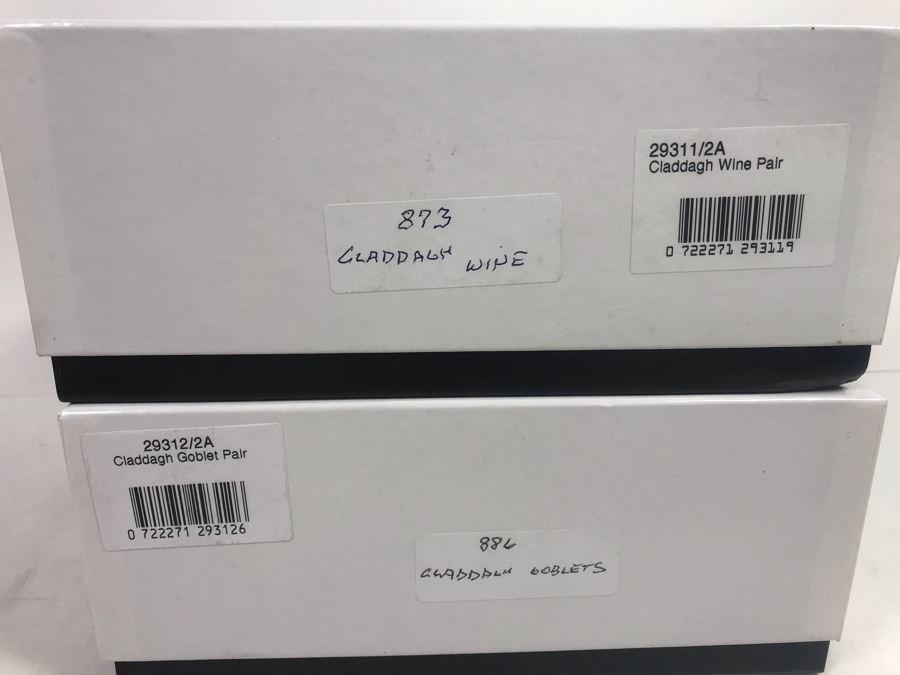 Just Added - Galway Crystal Claddagh Pair Of Wine Glasses And Pair Of Goblets - 4 Glasses With Boxes - Retails $180 [Photo 10]