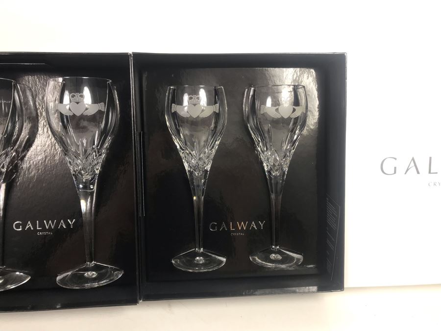 Just Added - Galway Crystal Claddagh Pair Of Wine Glasses And Pair Of Goblets - 4 Glasses With Boxes - Retails $180 [Photo 7]