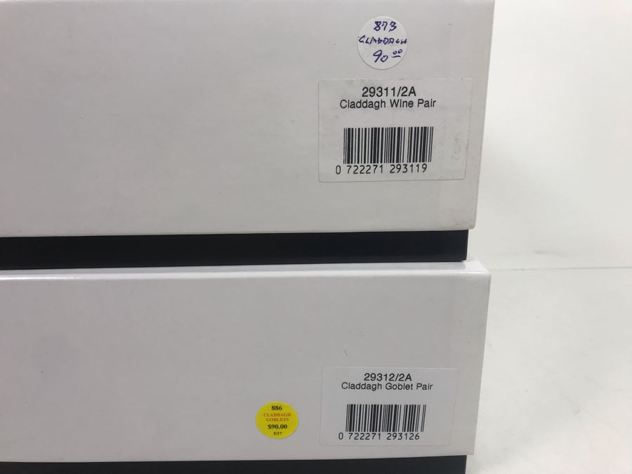 Just Added - Galway Crystal Claddagh Pair Of Wine Glasses And Pair Of Goblets - 4 Glasses With Boxes - Retails $180 [Photo 7]