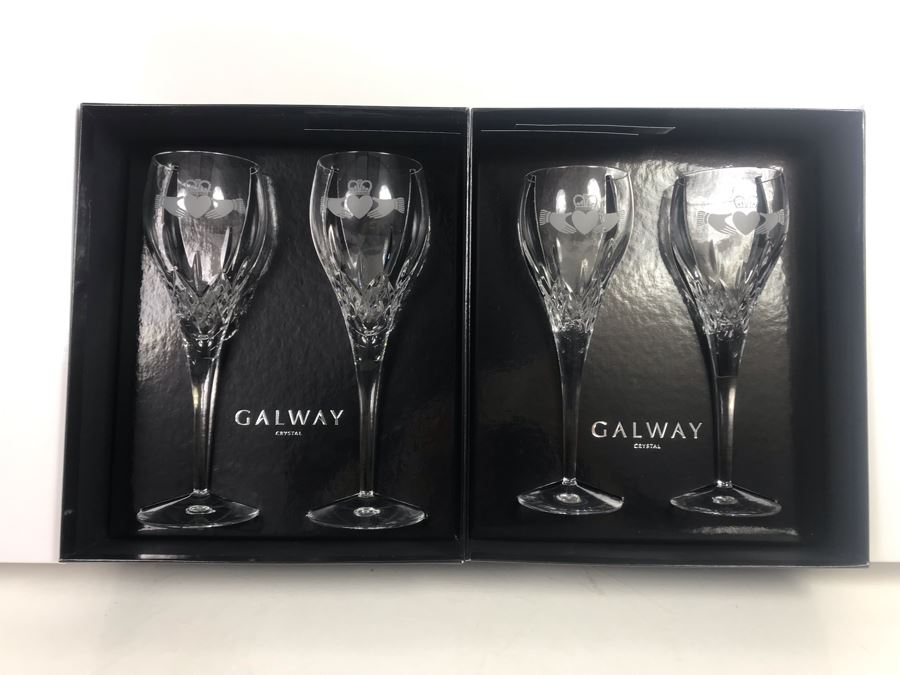 Just Added - Galway Crystal Claddagh Pair Of Wine Glasses And Pair Of Goblets - 4 Glasses With Boxes - Retails $180
