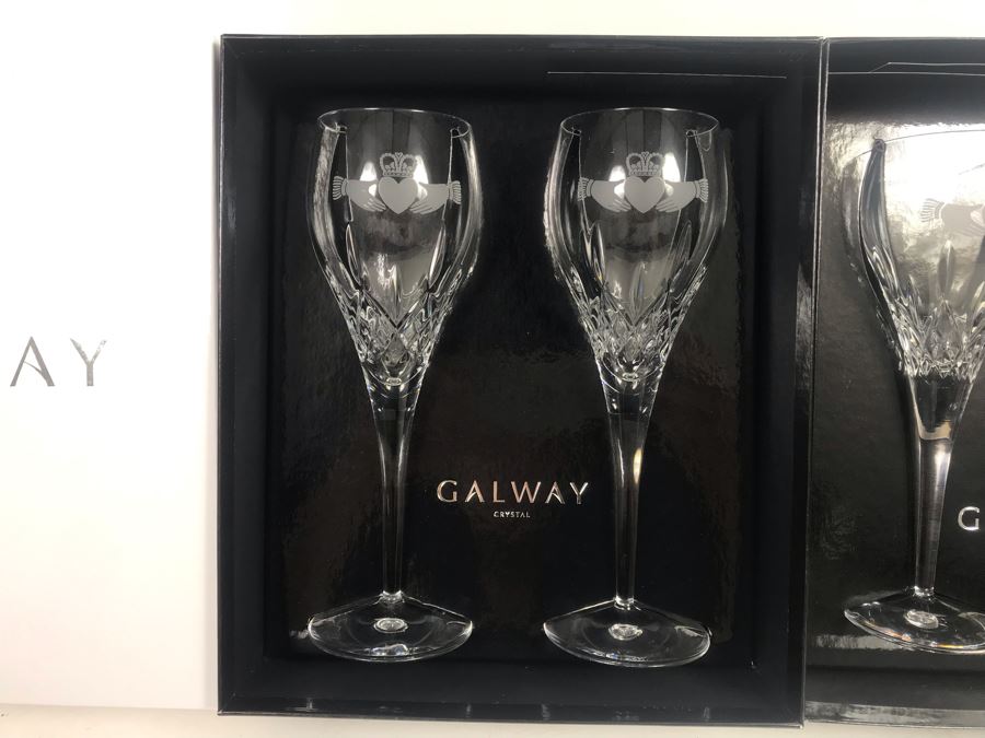 Just Added - Galway Crystal Claddagh Pair Of Wine Glasses And Pair Of Goblets - 4 Glasses With Boxes - Retails $180 [Photo 3]
