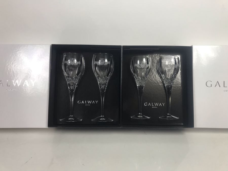 Just Added - Galway Crystal Claddagh Pair Of Wine Glasses And Pair Of Goblets - 4 Glasses With Boxes - Retails $180 [Photo 2]