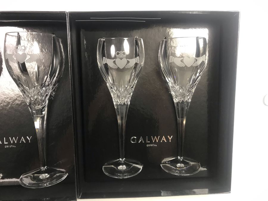 Just Added - Galway Crystal Claddagh Pair Of Wine Glasses And Pair Of Goblets - 4 Glasses With Boxes - Retails $180 [Photo 5]